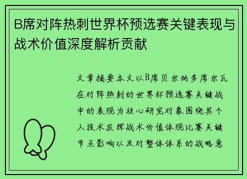 B席对阵热刺世界杯预选赛关键表现与战术价值深度解析贡献 B席对阵热刺世界杯预选赛关键表现与战术价值深度解析贡献
