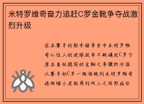 米特罗维奇奋力追赶C罗金靴争夺战激烈升级